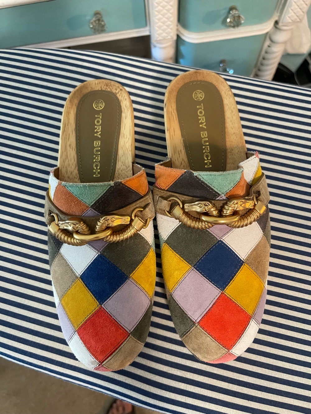 Tory Burch Jessa suede patchwork colorful clogs sz. 9 Like New